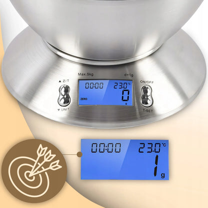 TIKSLIOS ELEKTRONINĖS VIRTUVINĖS SVARSTYKLĖS SU DUBENIU 1G-5KG INOX LAIKMATIS TERMOMETRAS
