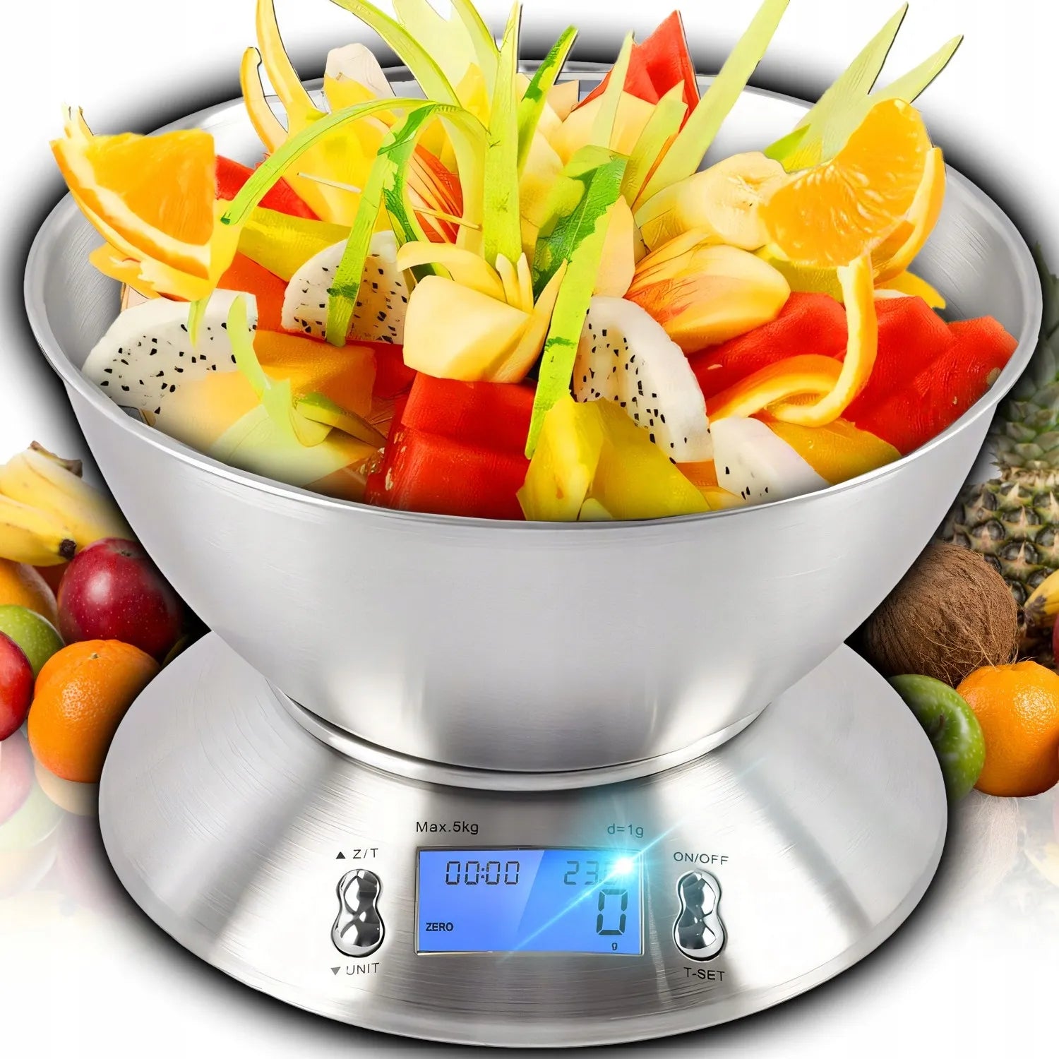 TIKSLIOS ELEKTRONINĖS VIRTUVINĖS SVARSTYKLĖS SU DUBENIU 1G-5KG INOX LAIKMATIS TERMOMETRAS