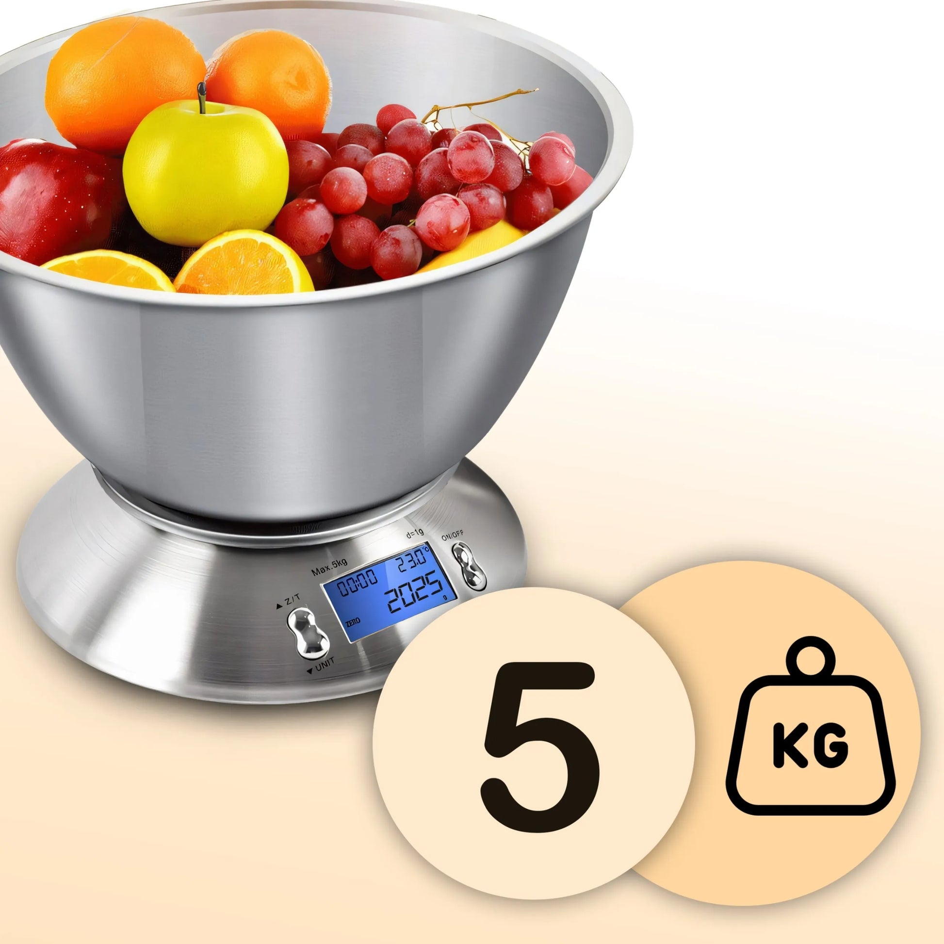 TIKSLIOS ELEKTRONINĖS VIRTUVINĖS SVARSTYKLĖS SU DUBENIU 1G-5KG INOX LAIKMATIS TERMOMETRAS