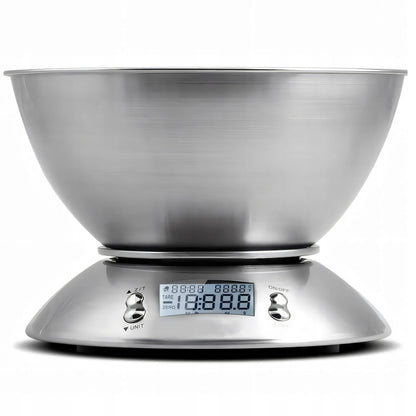TIKSLIOS ELEKTRONINĖS VIRTUVINĖS SVARSTYKLĖS SU DUBENIU 1G-5KG INOX LAIKMATIS TERMOMETRAS