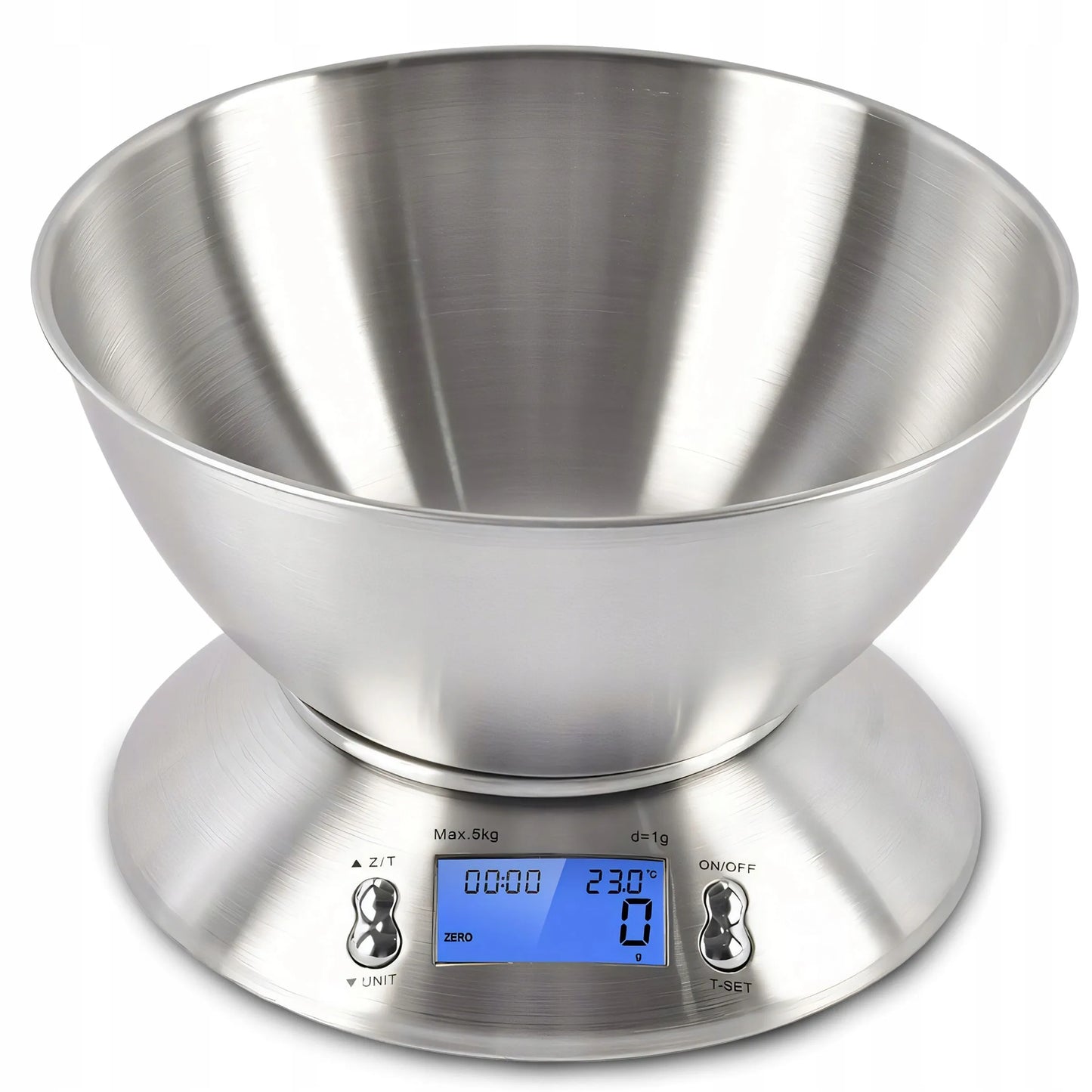 TIKSLIOS ELEKTRONINĖS VIRTUVINĖS SVARSTYKLĖS SU DUBENIU 1G-5KG INOX LAIKMATIS TERMOMETRAS