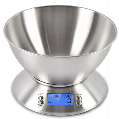 TIKSLIOS ELEKTRONINĖS VIRTUVINĖS SVARSTYKLĖS SU DUBENIU 1G-5KG INOX LAIKMATIS TERMOMETRAS