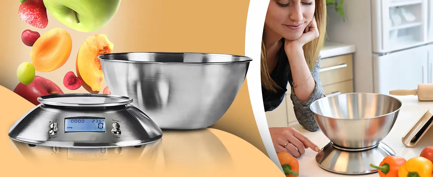 TIKSLIOS ELEKTRONINĖS VIRTUVINĖS SVARSTYKLĖS SU DUBENIU 1G-5KG INOX LAIKMATIS TERMOMETRAS
