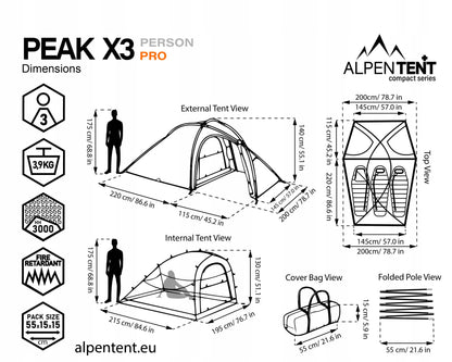 Trivietė palapinė AlpenTent Peak X3 PRO 3,9 kg