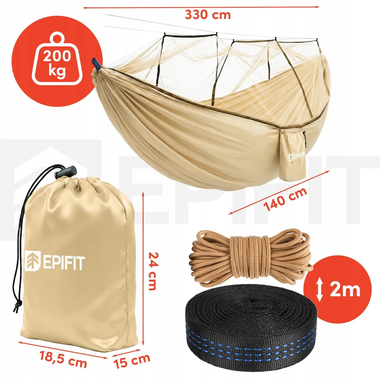 Turistinis hamakas su tinkleliu nuo uodų dvivietis didelis 330x140 cm 200 kg sodo