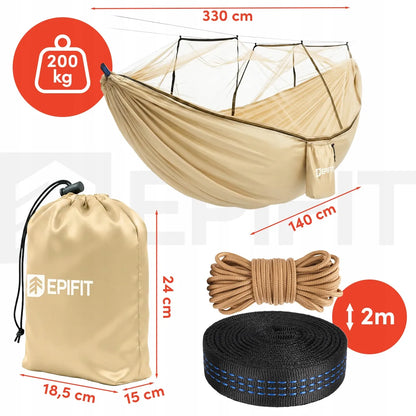 Turistinis hamakas su tinkleliu nuo uodų dvivietis didelis 330x140 cm 200 kg sodo