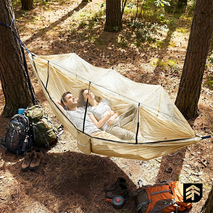 Turistinis hamakas su tinkleliu nuo uodų dvivietis didelis 330x140 cm 200 kg sodo