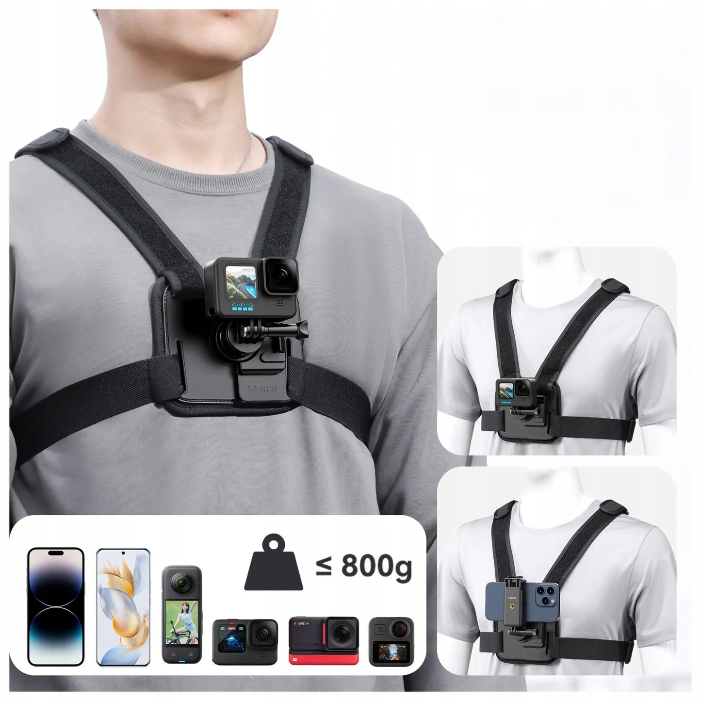 ULANZI CM028 GO-QUICK II krūtinės diržai GoPro, DJI, Insta360 kameroms ir išmaniesiems telefonams