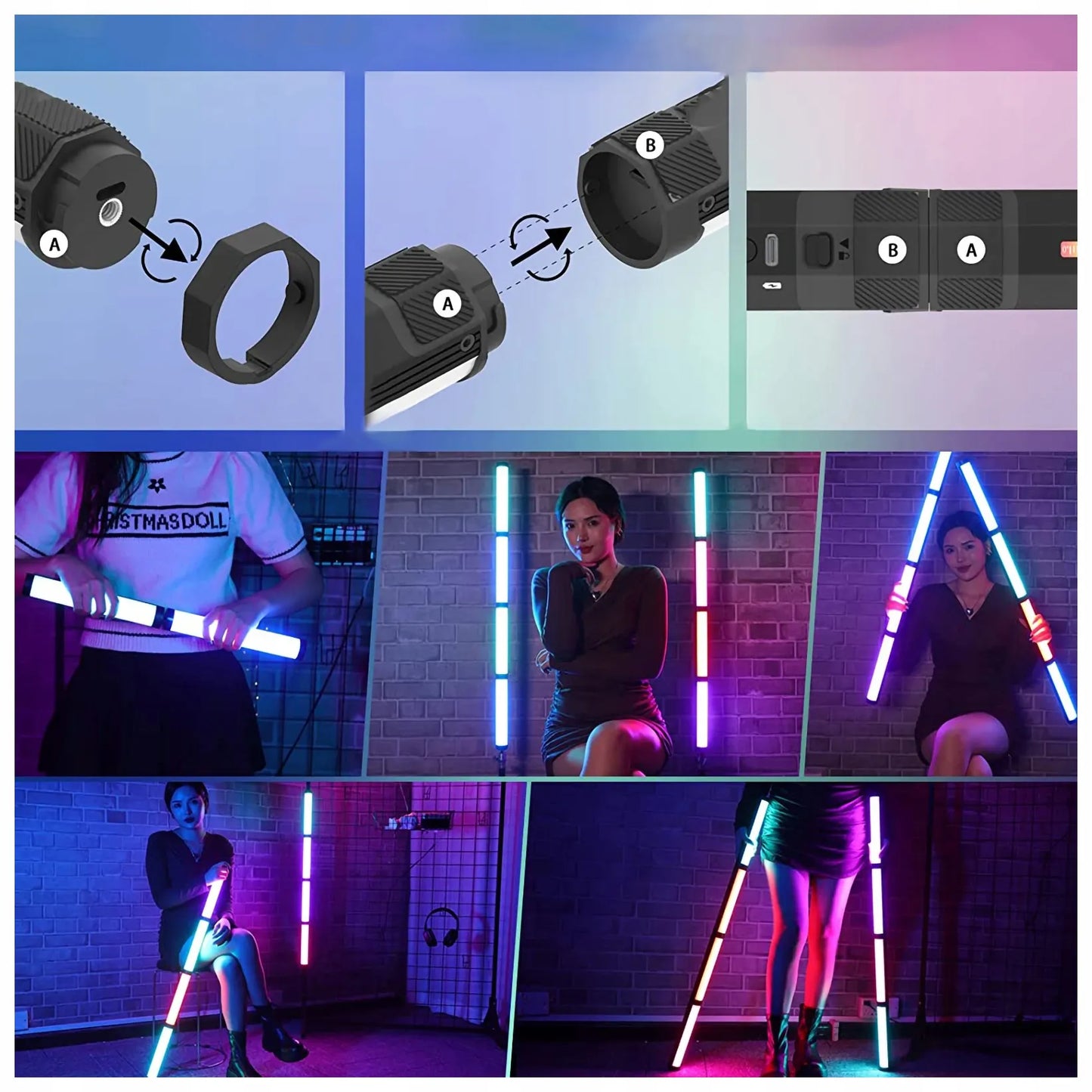 Ulanzi VL110 RGB šviesos diodų lempa, nuolatinis apšvietimas, šviesos lazda 1/4 colio jungtis + magnetas