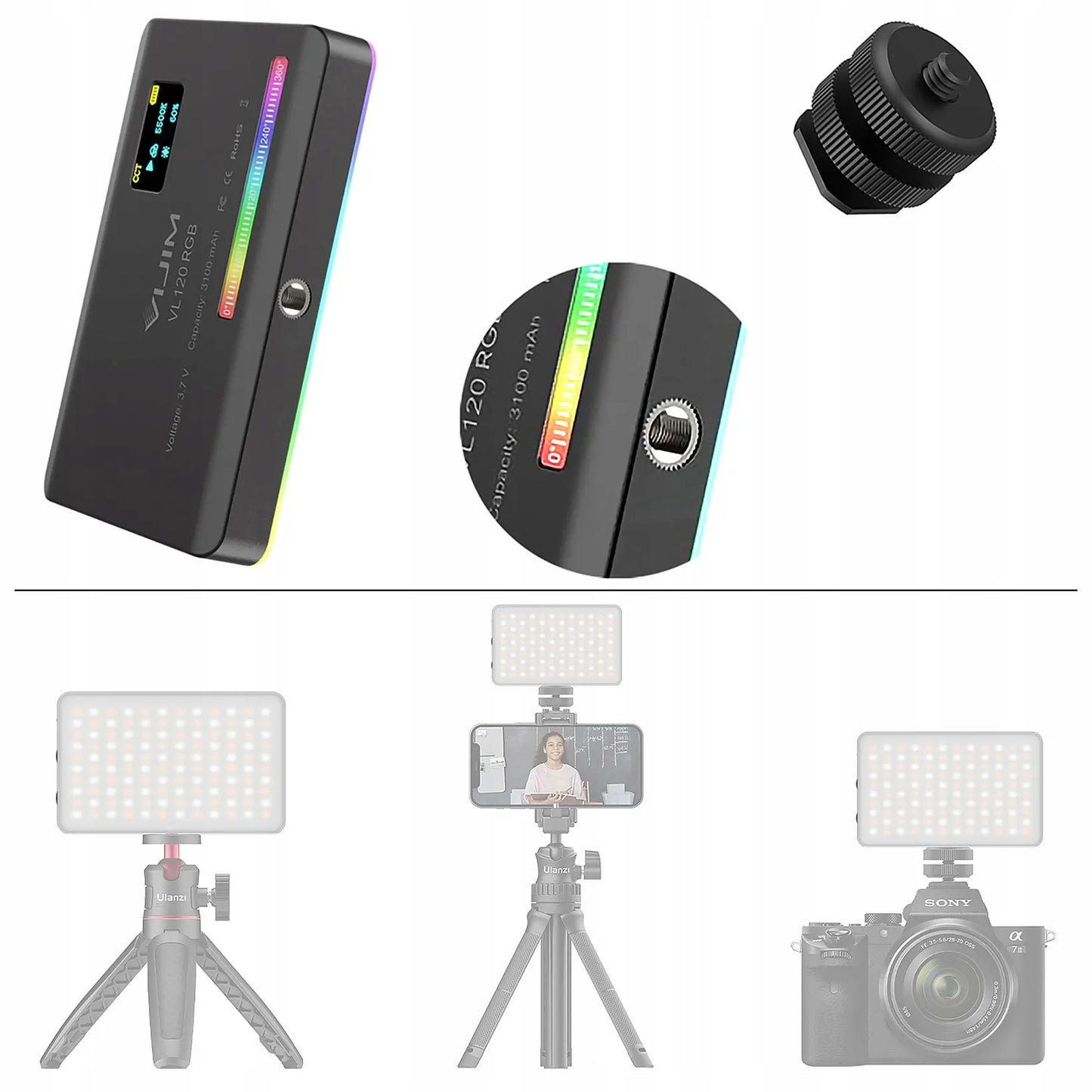 Ulanzi VL120 RGB LED lempa vaizdo kamerai, akumuliatorius 3100 mAh + priedai