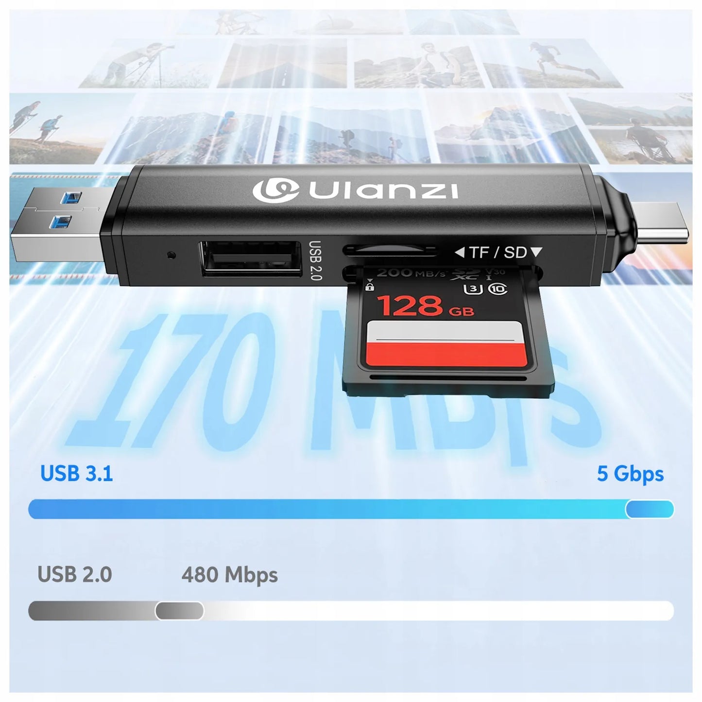 Ulanzi X117 3-in-1 atminties kortelių skaitytuvas, skirtas Apple iPhone USB-C SD Micro SD ir USB atmintinėms
