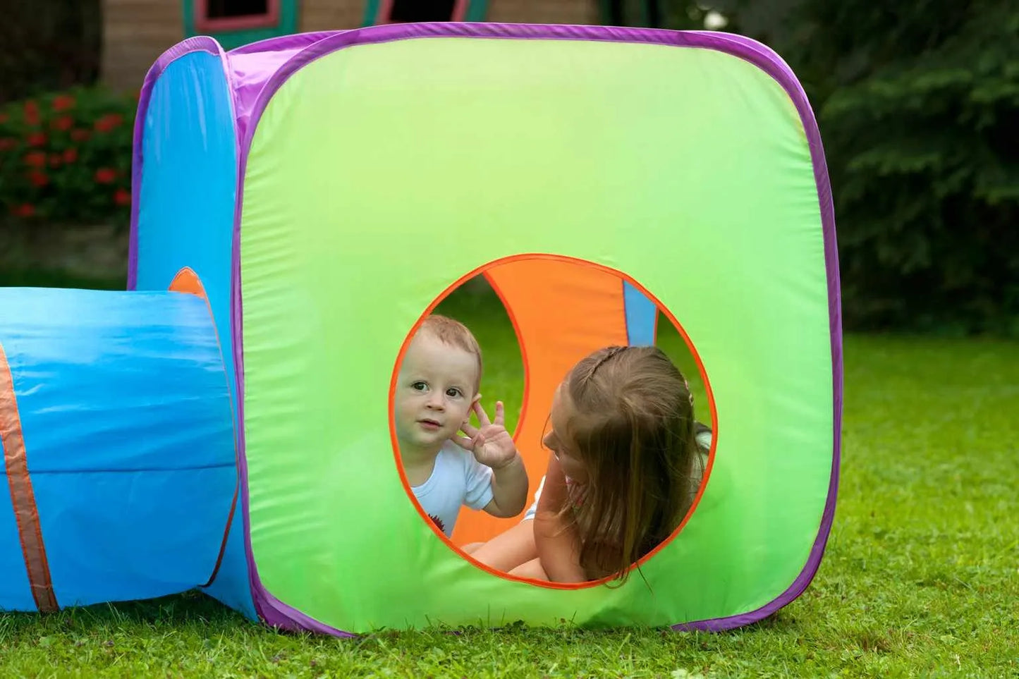 Vaikiška palapinė BABY MIX 3-in-1 su tuneliu, mėlyna/oranžinė