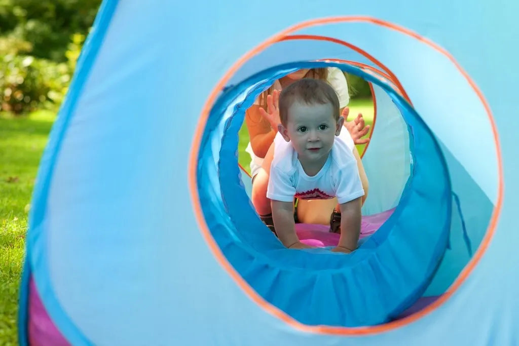 Vaikiška palapinė BABY MIX 3-in-1 su tuneliu, mėlyna/oranžinė