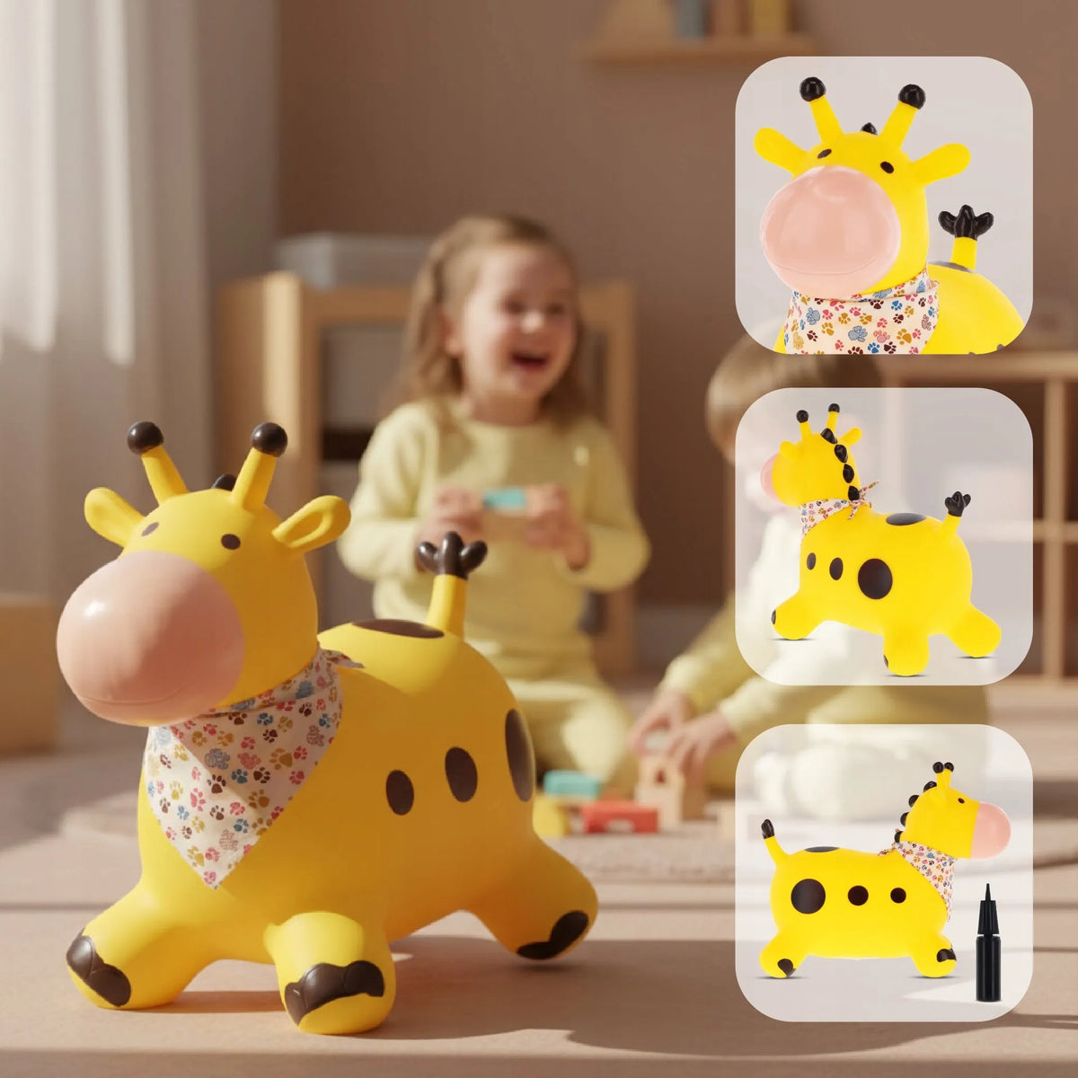 Vaikiškas šokinėjimo žaislas „Žirafa“ su pompa ir bandana, geltonas
