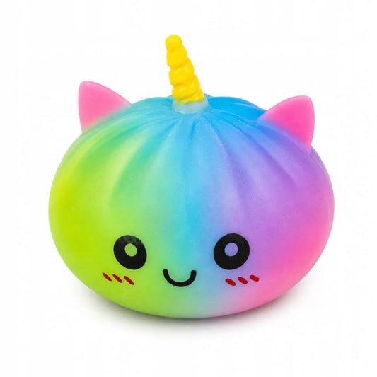 Vaivorykštės spalvų vienaragio formos „squishy“ žaislas-antistresas, 10 cm