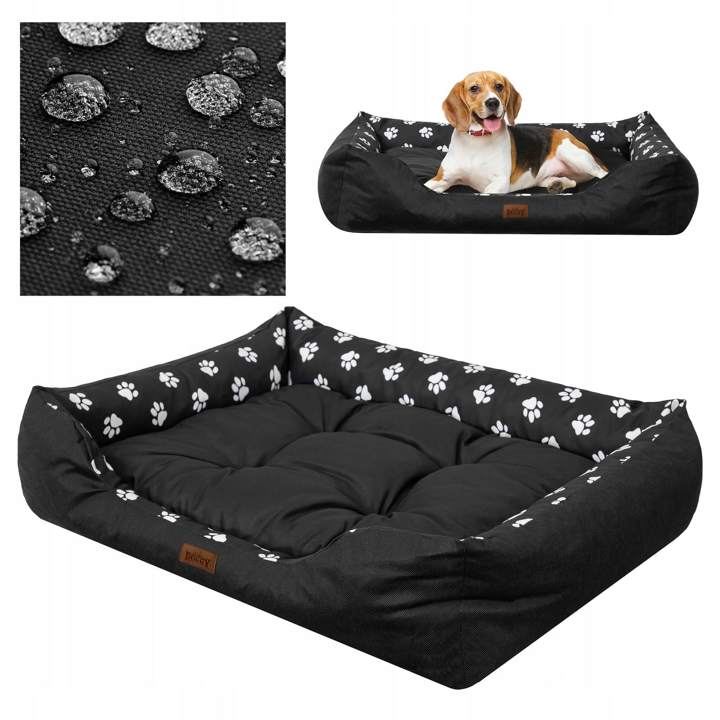Vandeniui atspari šunų guolis-sofa Doggy Puffy, dydis XL (92x73 cm), juodas su pėdutėmis