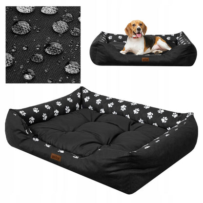 Vandeniui atspari šunų guolis-sofa Doggy Puffy, dydis XL (92x73 cm), juodas su pėdutėmis