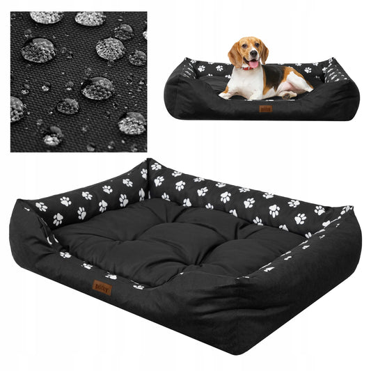Vandeniui atspari šunų guolis-sofa Doggy Puffy, dydis XL (92x73 cm), juodas su pėdutėmis