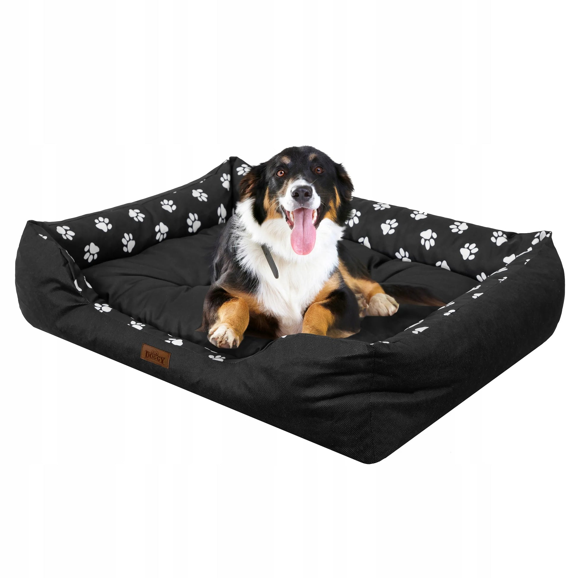 Vandeniui atspari šunų guolis-sofa Doggy Puffy, dydis XL (92x73 cm), juodas su pėdutėmis