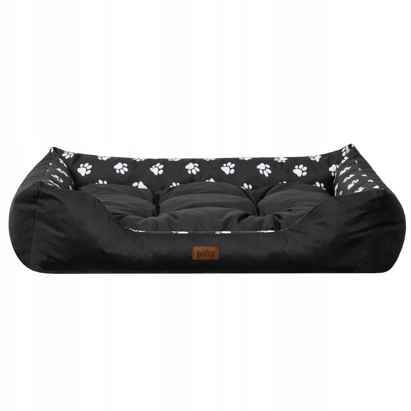 Vandeniui atspari šunų guolis-sofa Doggy Puffy, dydis XL (92x73 cm), juodas su pėdutėmis