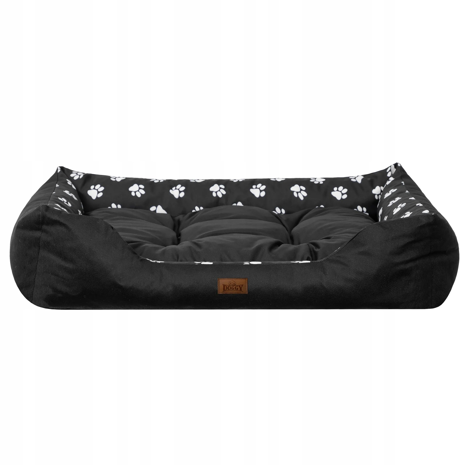 Vandeniui atspari šunų guolis-sofa Doggy Puffy, dydis XL (92x73 cm), juodas su pėdutėmis