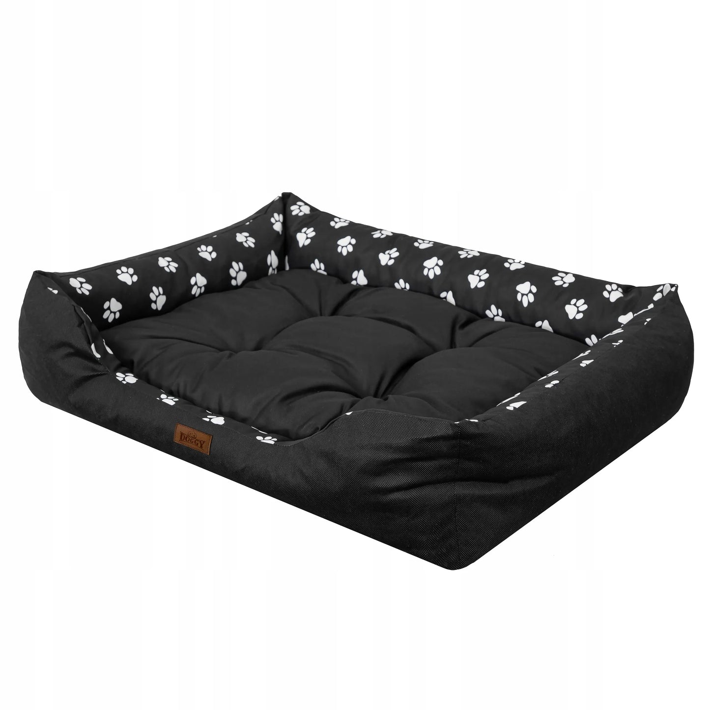 Vandeniui atspari šunų guolis-sofa Doggy Puffy, dydis XL (92x73 cm), juodas su pėdutėmis