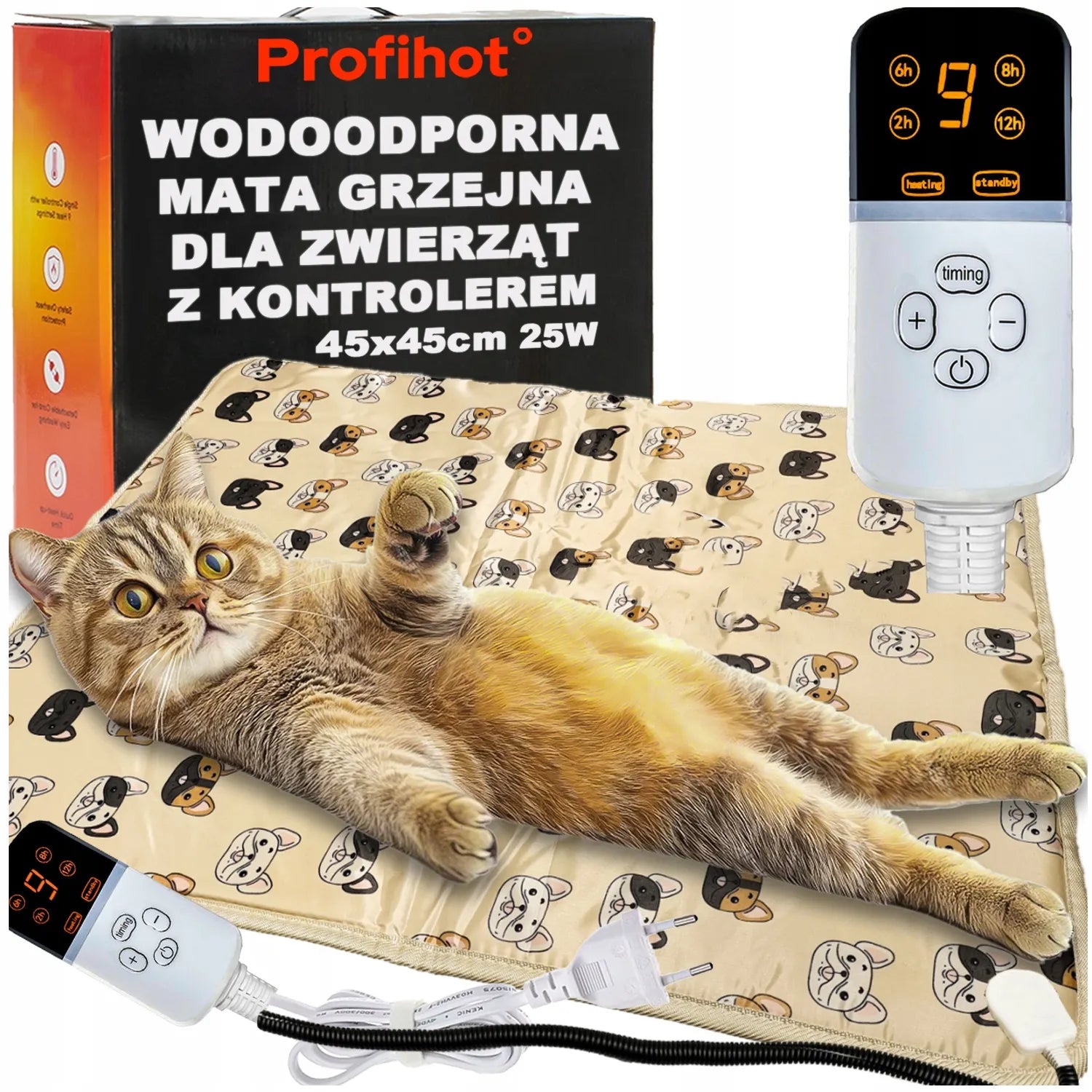 Vandeniui atsparus šildantis kilimėlis katėms ir šunims su reguliatoriumi 45x45 25W