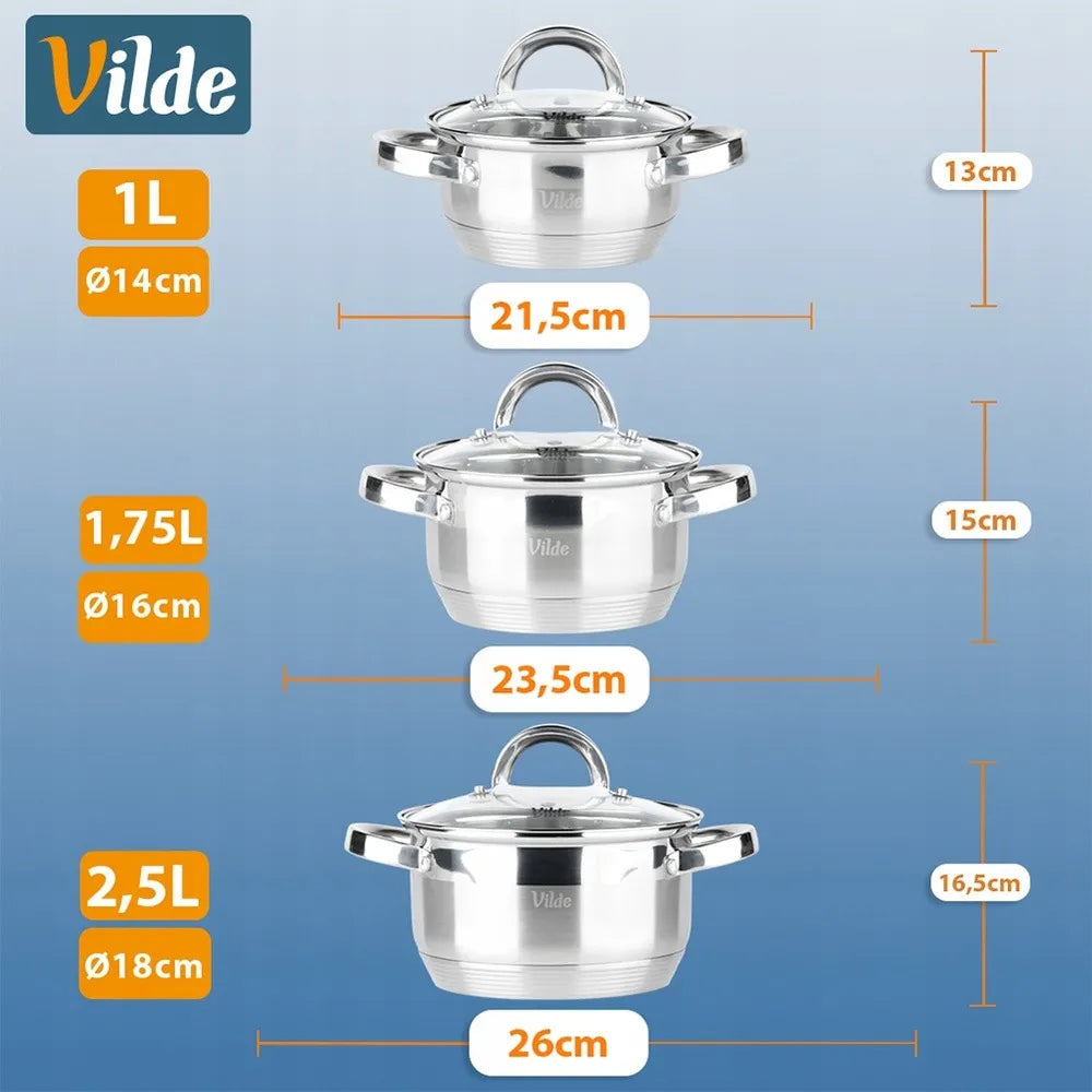 Vilde 3 dalių nerūdijančio plieno puodų rinkinys virimui ir troškinimui, skirtas dujinėms ir indukcinėms viryklėms