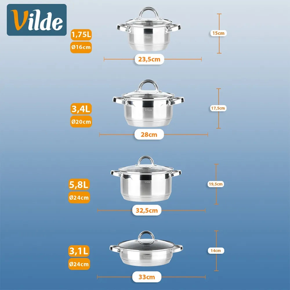 Vilde 8 dalių nerūdijančio plieno puodų rinkinys virimui ir troškinimui, tinka indukcinėms viryklėms