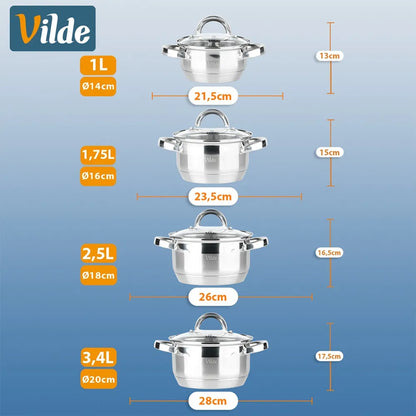 Vilde nerūdijančio plieno puodų rinkinys, 8 dalių, skirtas virimui ir troškinimui, tinka indukcijai ir dujoms