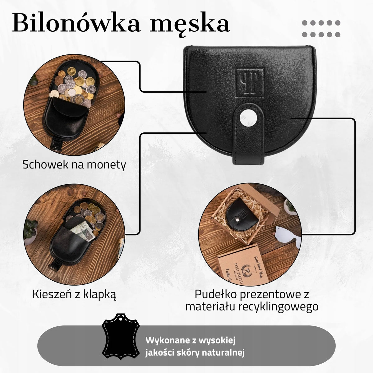 Vyriška juoda odinė Paolo Peruzzi piniginė monetoms, pasagos formos, su spaustuku