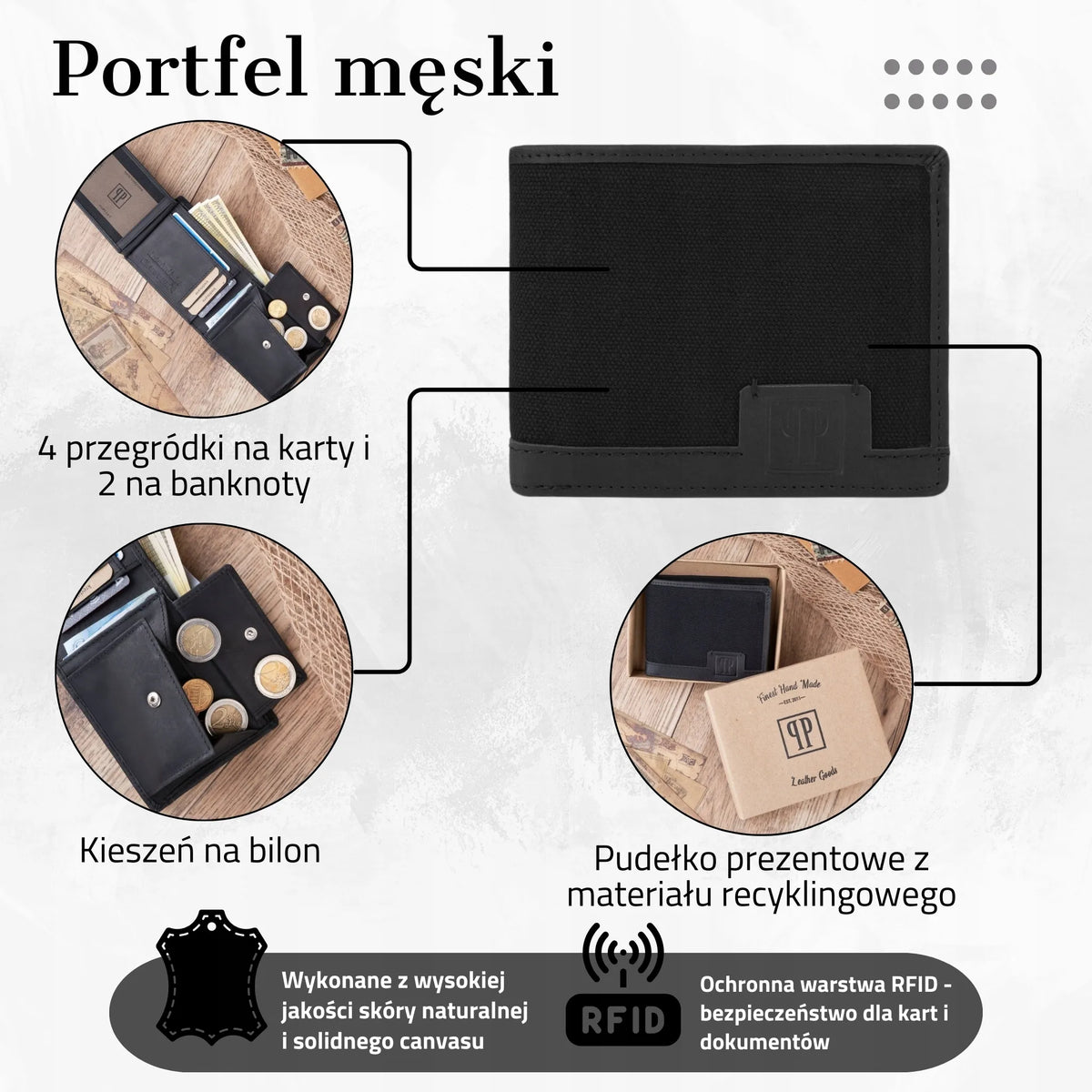 Vyriška piniginė dovanai PAOLO PERUZZI, natūrali oda ir „canvas“, RFID