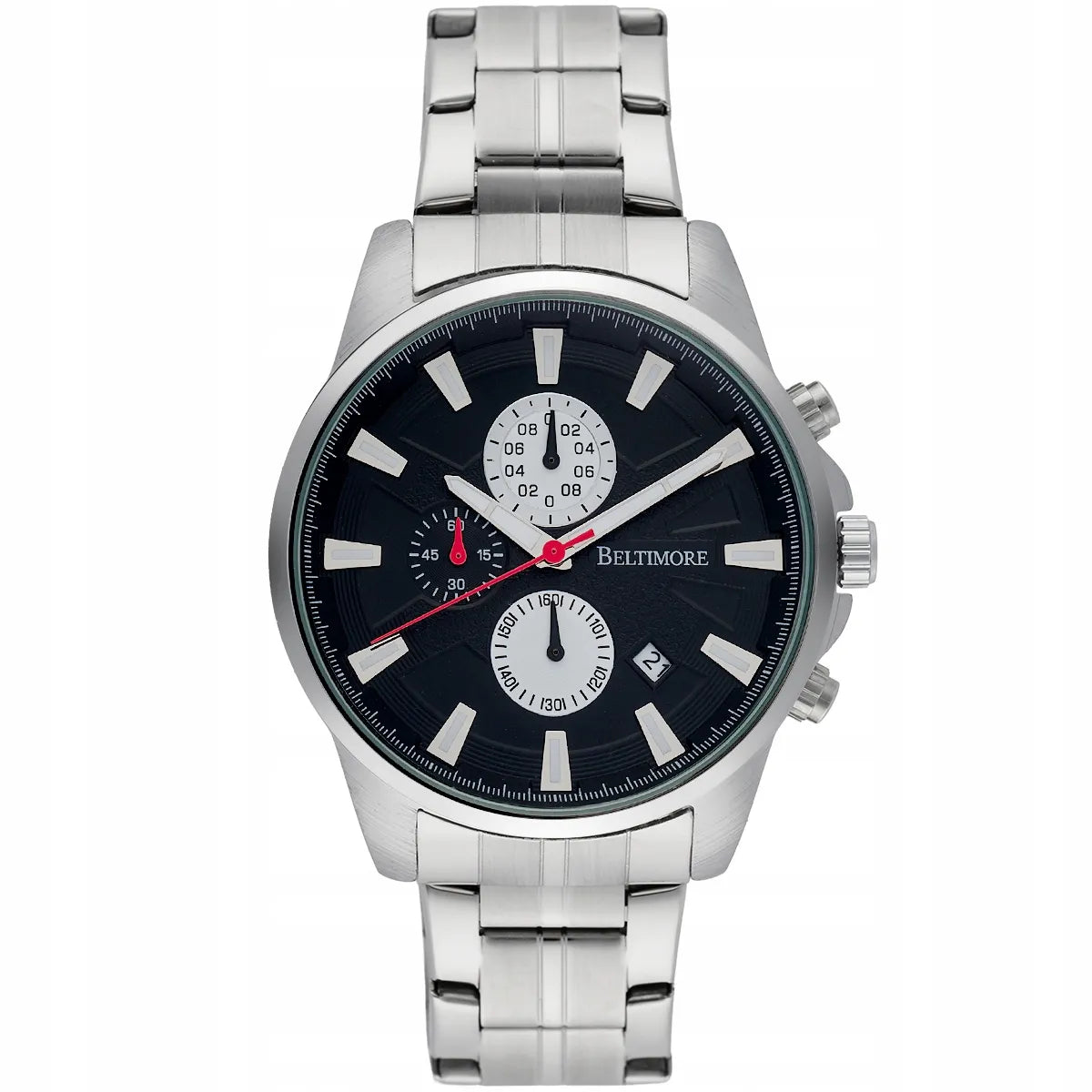 Vyriškas laikrodis Beltimore su metaline apyranke, chronografu ir datos rodikliu, sidabrinis