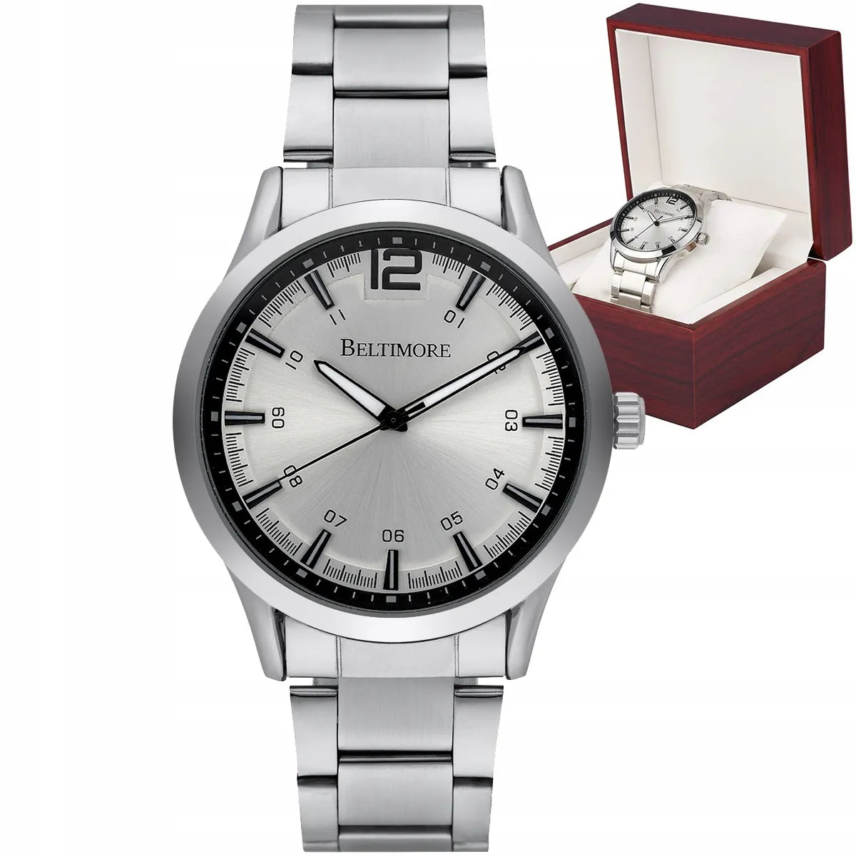 Vyriškas laikrodis Beltimore Urban Elegance BT02 sidabrinis su metaline apyranke ir dėžute