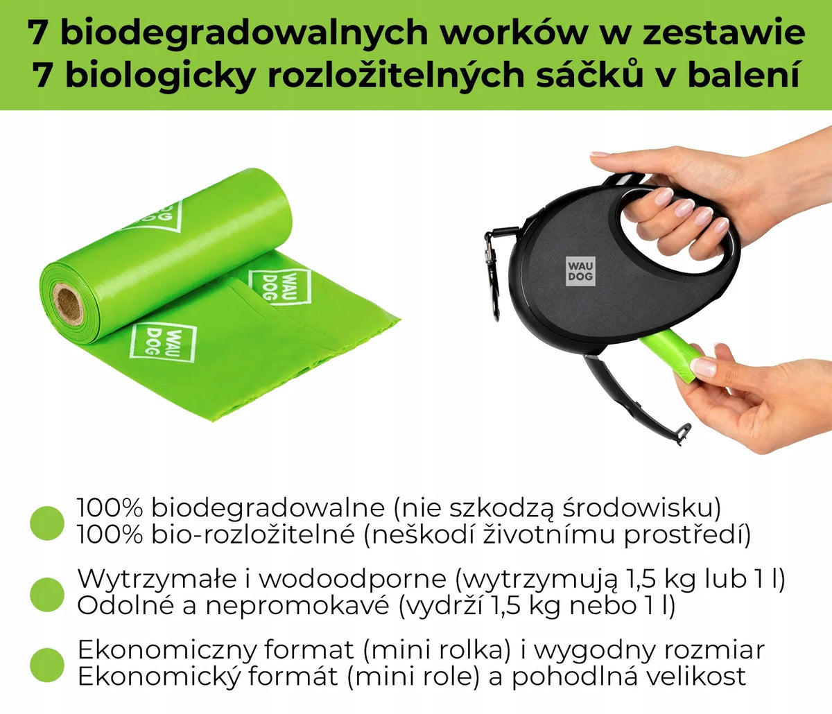 WAUDOG automatinis atspindintis šuns pavadėlis su maišelių laikikliu, S dydis, iki 12 kg