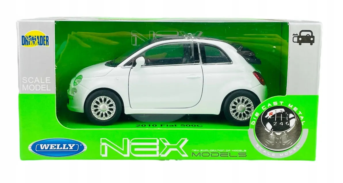 Welly 2010 FIAT 500C baltas metalinis automobilio modelis, 1:34, 43612
