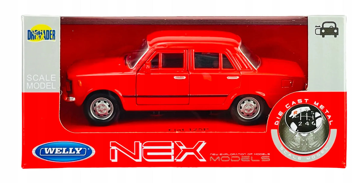 Welly Fiat 125p „Didysis Fiatas“, raudonas, 1:34, legendinis PRL laikotarpio metalinis modelis, naujas, 42399