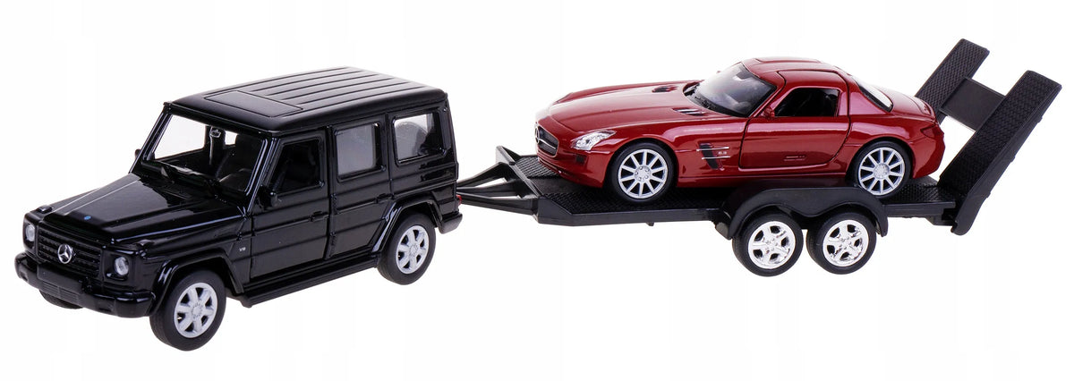 Welly MERCEDES-BENZ G-CLASS ir MERCEDES-BENZ SLS AMG metaliniai modeliai su autovežiu