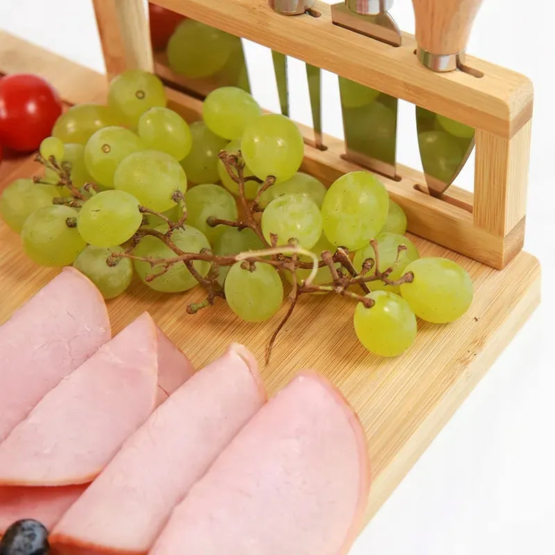 XL bambuso lentelė sūriui ir užkandžiams su peilių rinkiniu, puikiai tinka vakarėliams