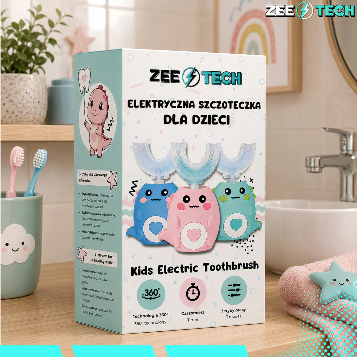 „ZeeTech“ elektrinis 360° dantų šepetėlis vaikams, 2–12 metų, 45 sek.