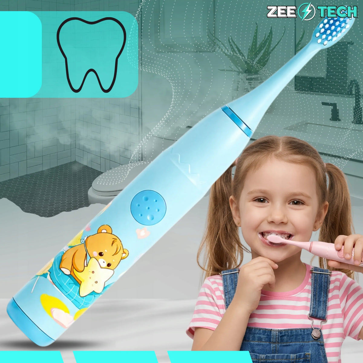 „ZeeTech“ soninė elektrinė dantų šepetėlė vaikams, 4 režimai, 8 galvutės