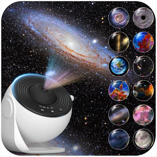 Žvaigždžių projektorius – LED naktinė lemputė, 13 kosmoso diskų, USB, besisukantis planetariumas