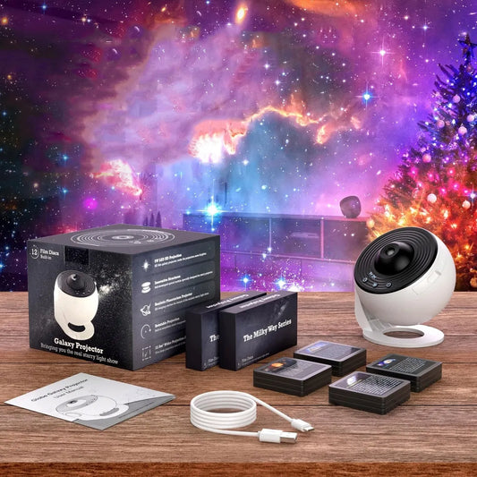 Žvaigždžių projektorius – LED naktinė lemputė, 13 kosmoso diskų, USB, besisukantis planetariumas